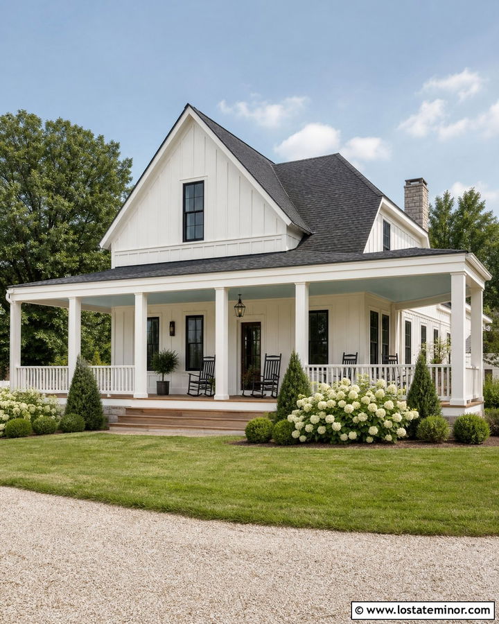White Board and Batten House With Wraparound Porch - 30 White House Design With Board and Batten Ideas