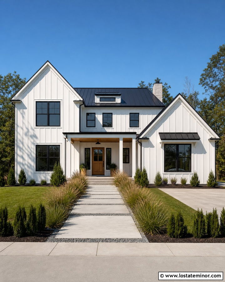White Board and Batten Modern Farmhouse - 30 White House Design With Board and Batten Ideas
