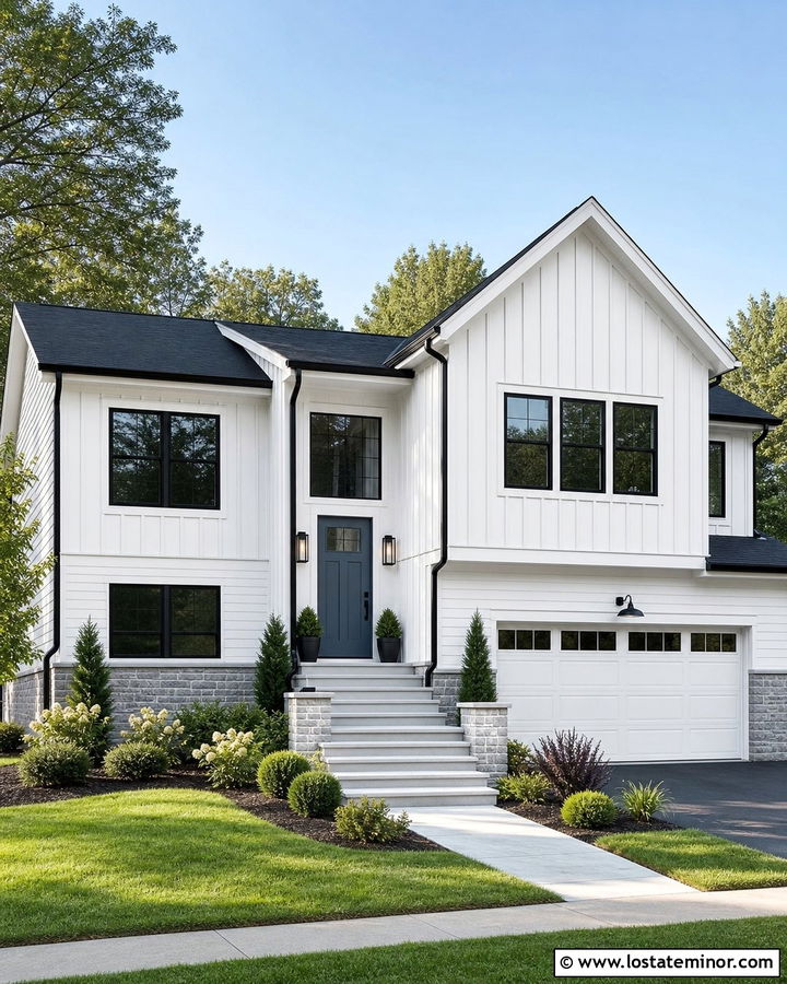 White Board and Batten Split Level House - 30 White House Design With Board and Batten Ideas
