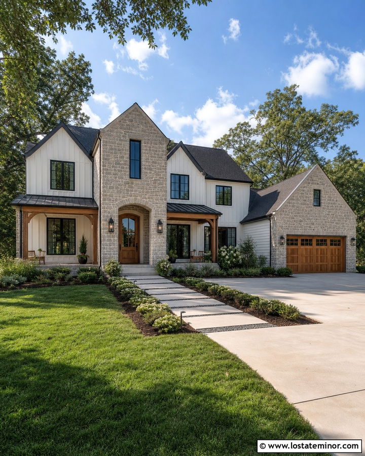 White Board and Batten With Full Height Stone - 30 Stone House Design With Board and Batten Ideas