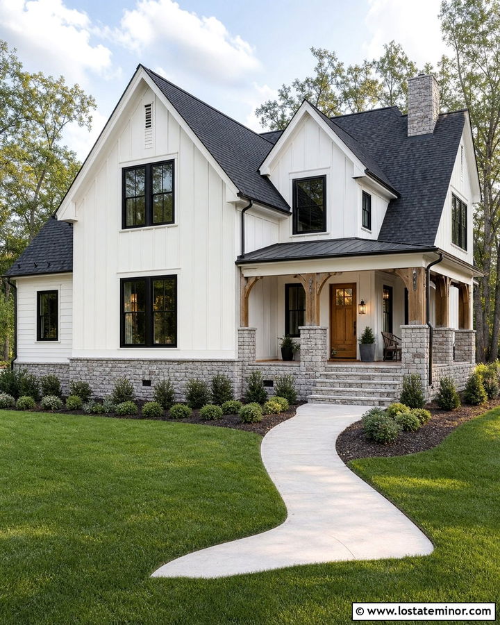 White Board and Batten With Gray Stone - 30 Stone House Design With Board and Batten Ideas