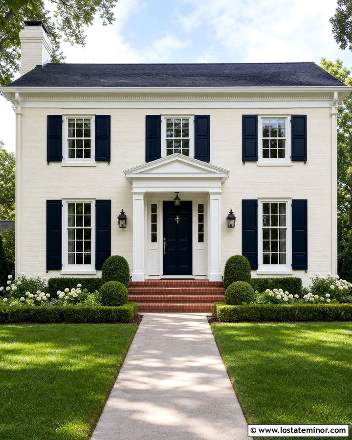 White Brick Colonial With White Grid Windows - 30 White House Design With Window Frames Ideas