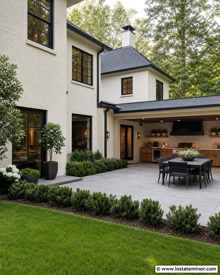 White Brick House With Backyard Outdoor Kitchen - 30 White House Design With Backyard Ideas