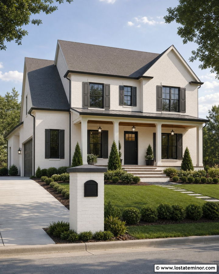 White Brick House With Black Column Mailbox - 30 White House Design With Mailbox Ideas