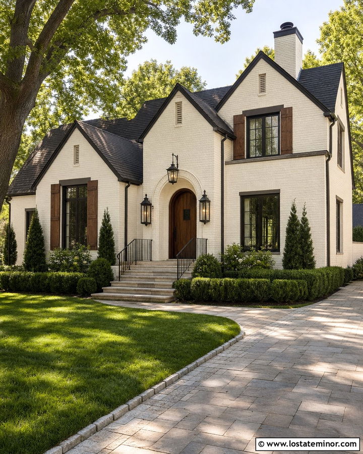 White Brick House With Black Gas Lanterns - 30 White House Design With Light Fixtures Ideas