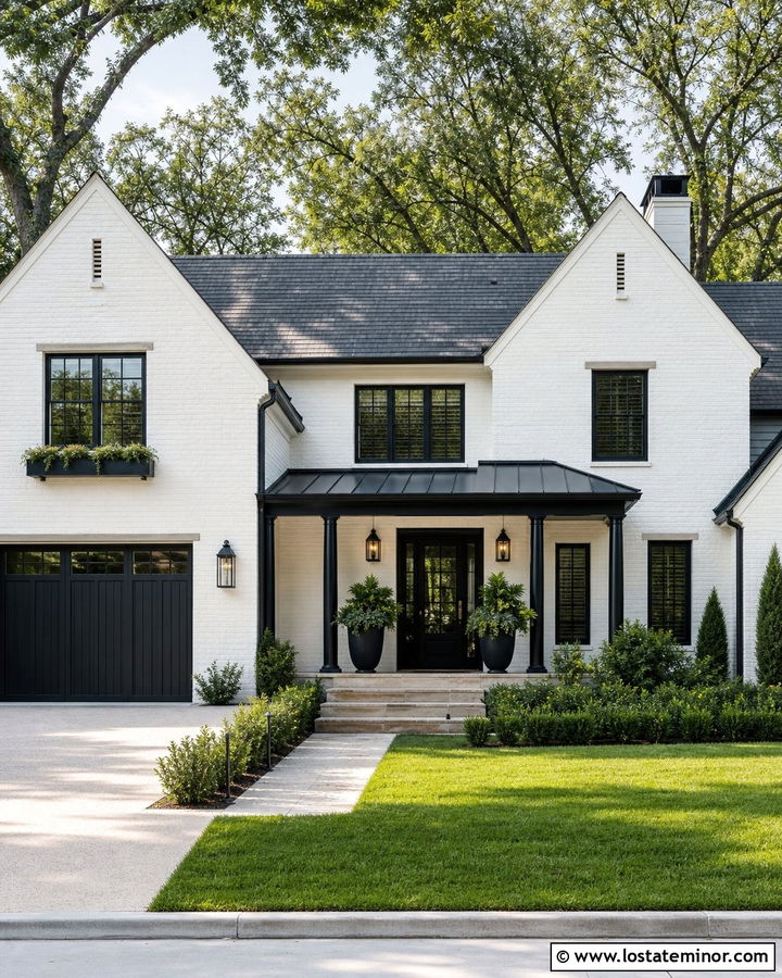 White Brick House With Black Metal Portico - 30 White House Design With Portico Ideas