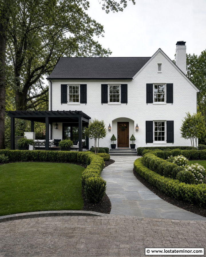 White Brick House With Black Pergola - 30 White House Design With Pergola Ideas