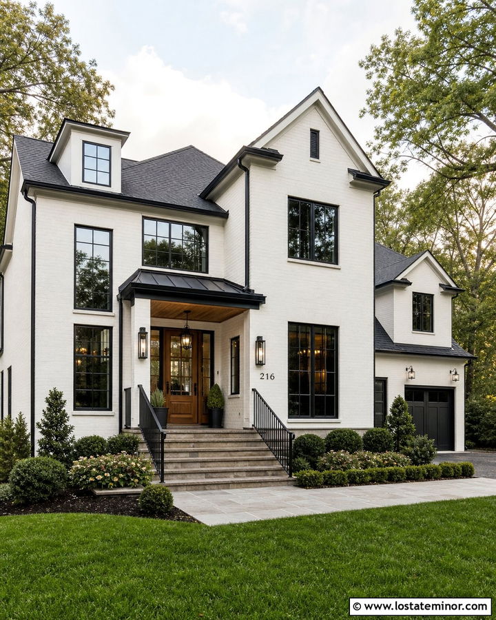 White Brick House With Black Window Frames - 30 White House Design With Window Frames Ideas