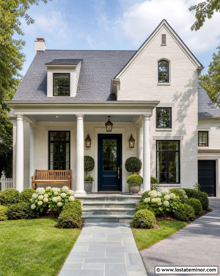 White Brick House With Blue Gray Porch Ceiling - 30 White House Design With Porch Ceiling Ideas