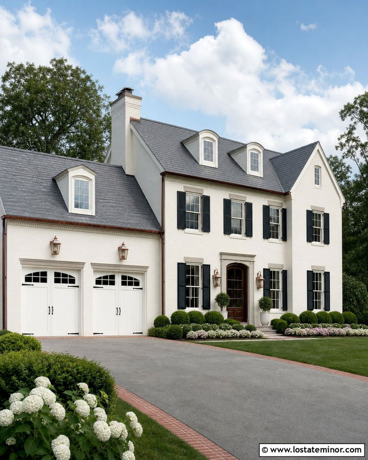 White Brick House With Carriage Garage Doors - 30 White House Design With Garage Door Ideas