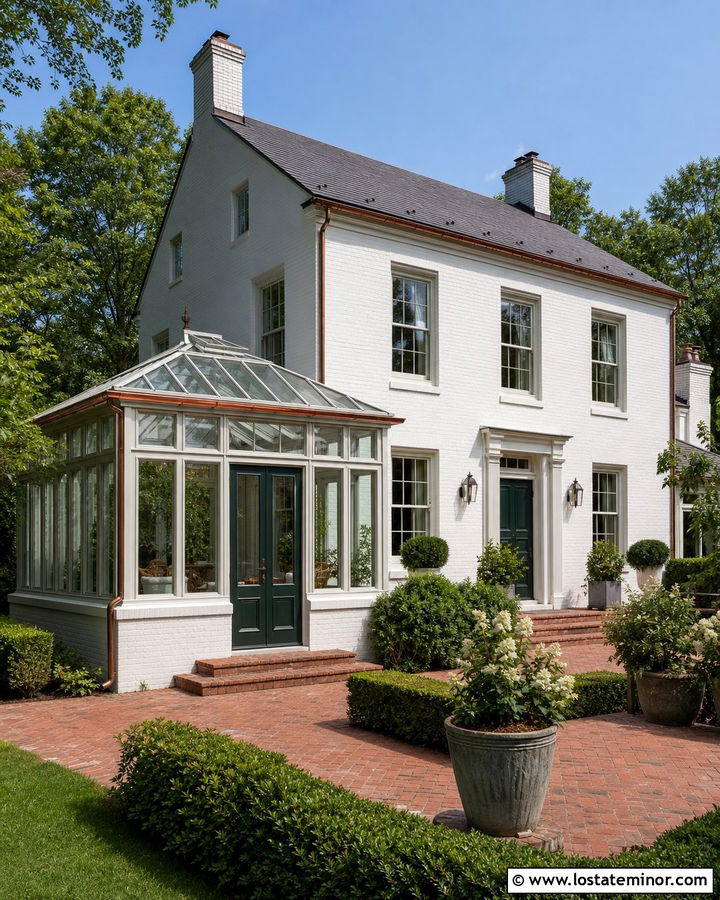 White Brick House With Conservatory Sunroom - 30 White House Design With Sunroom Ideas