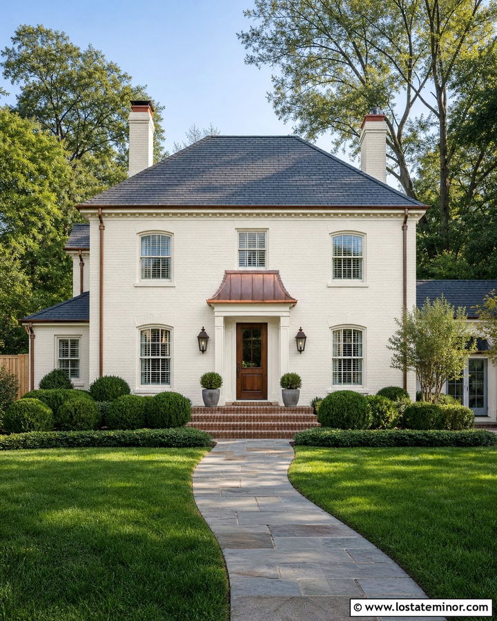 White Brick House With Copper Awning - 30 White House Design With Awning Ideas