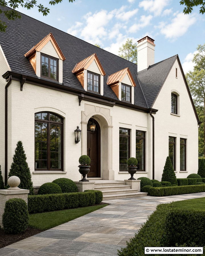 White Brick House With Copper Dormers - 30 White House Design With Dormers Ideas