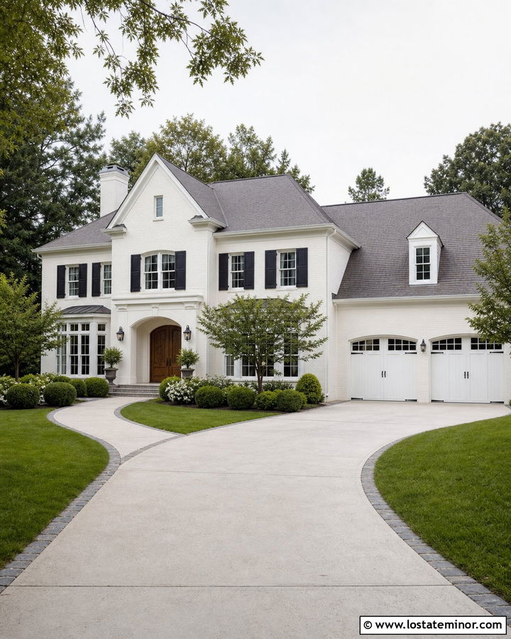 White Brick House With Curved Concrete Driveway - 30 White House Design With Driveway Ideas