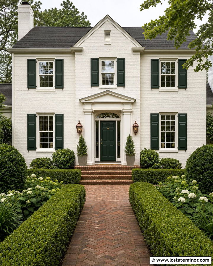 White Brick House With Dark Green Shutters - 30 White House Design With Shutters Ideas