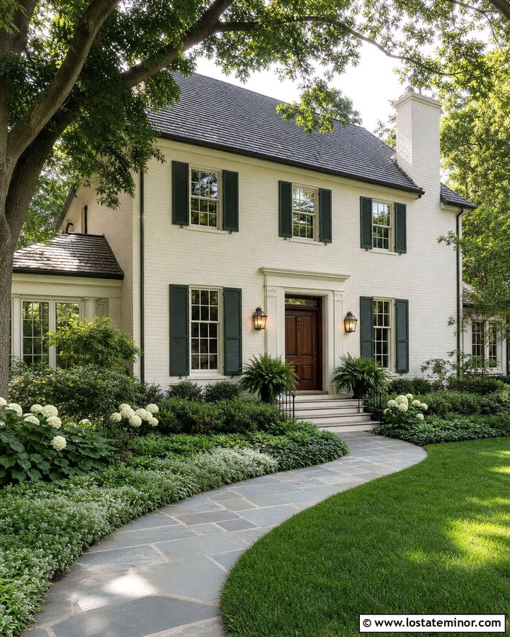 White Brick House With Green Foundation Planting - 30 White House Design With Landscaping Ideas