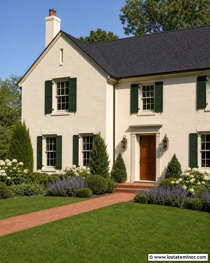 White Brick House With Green Shutters - 30 White House Design With Front Yard Ideas