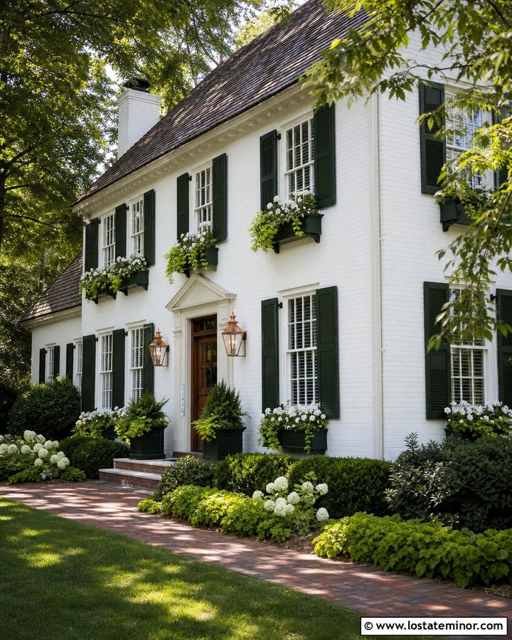White Brick House With Green Window Boxes - 30 White House Design With Window Boxes Ideas