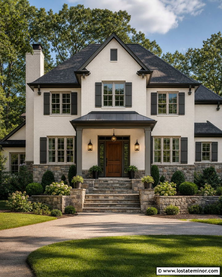White Brick House With Natural Stone Wainscoting - 30 White House Design With Wainscoting Ideas