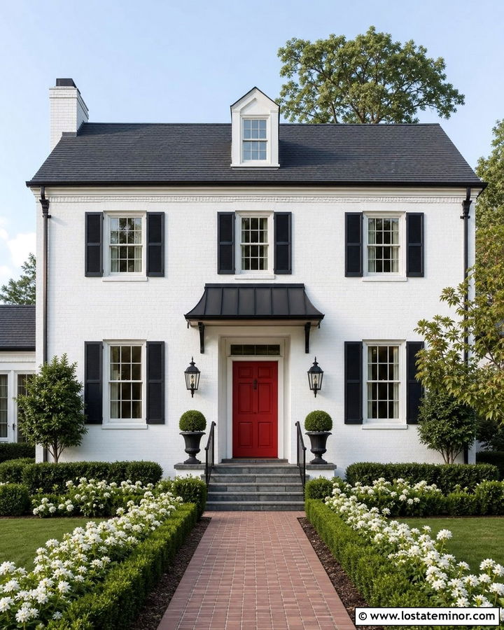 White Brick House With Red Door And Black Awning - 30 White House Design With Awning Ideas
