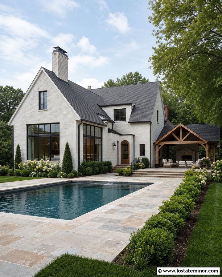 White Brick House With Swimming Pool And Stone Patio - 30 White House Design With Swimming Pool Ideas