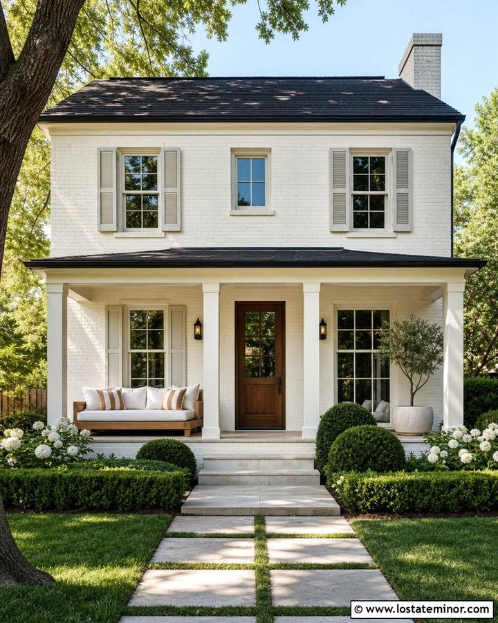 White Brick House With Wood Daybed - 30 White House Design With Daybed Ideas