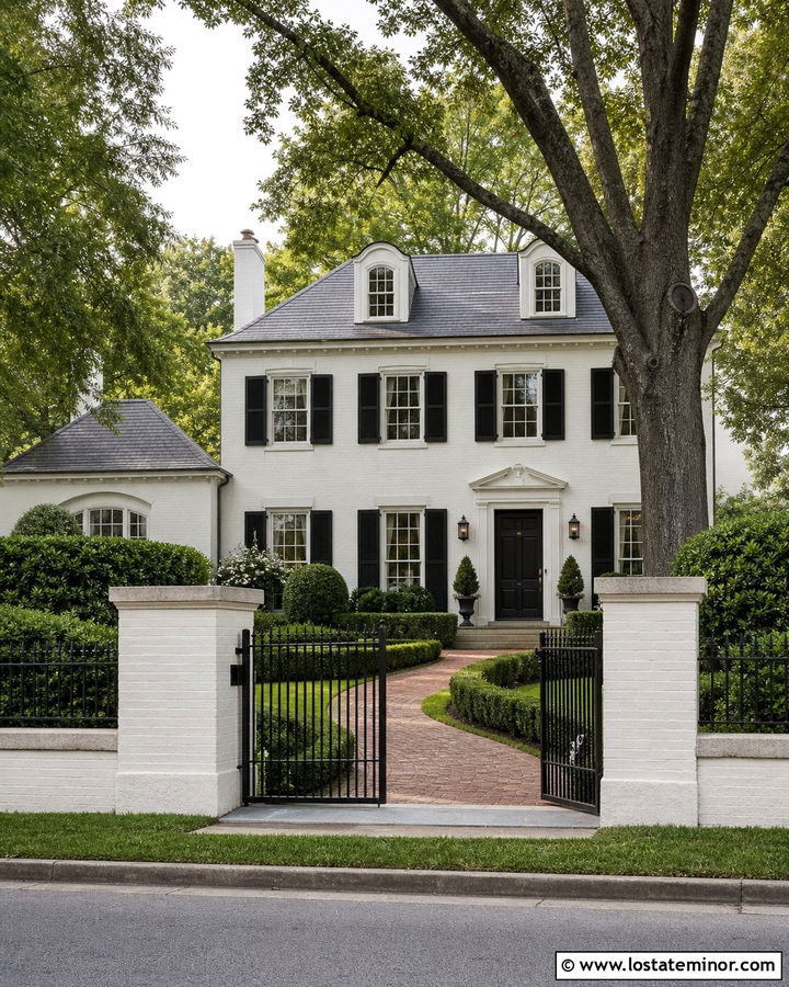White Brick House With Wrought Iron Fence - 30 White House Design With Fence Ideas