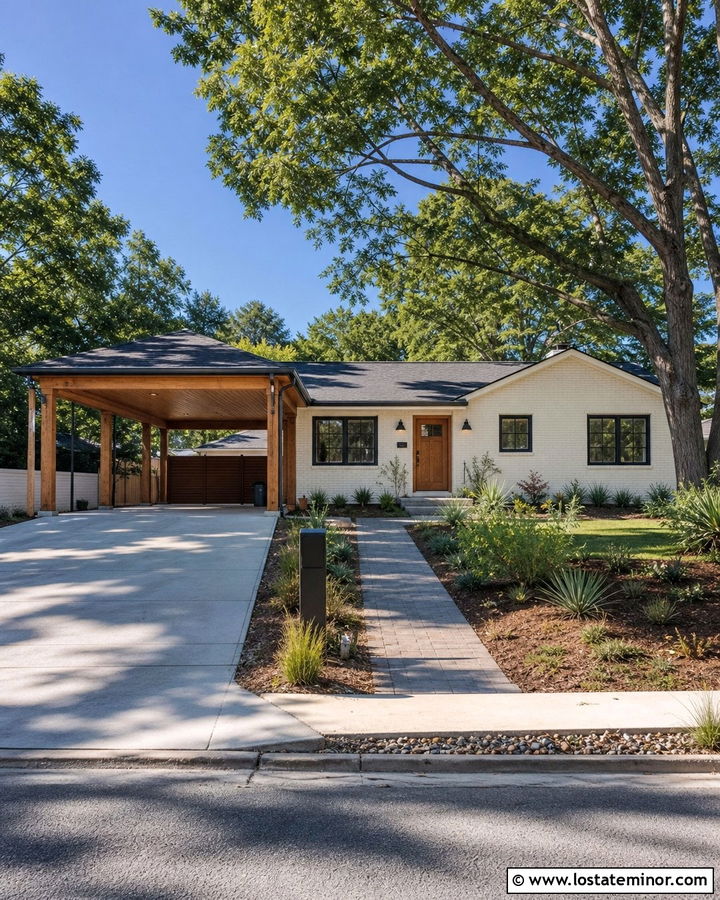 White Brick Ranch With Wood Carport - 30 White House Design With Carport Ideas