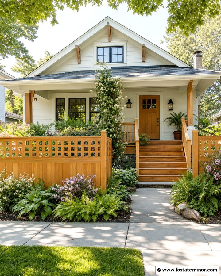 White Bungalow House With Cedar Lattice Fence - 30 White House Design With Fence Ideas