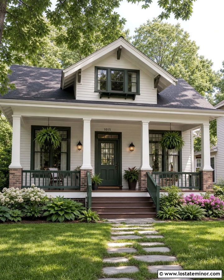 White Bungalow Siding With Green Trim - 30 White House Design With Siding Ideas