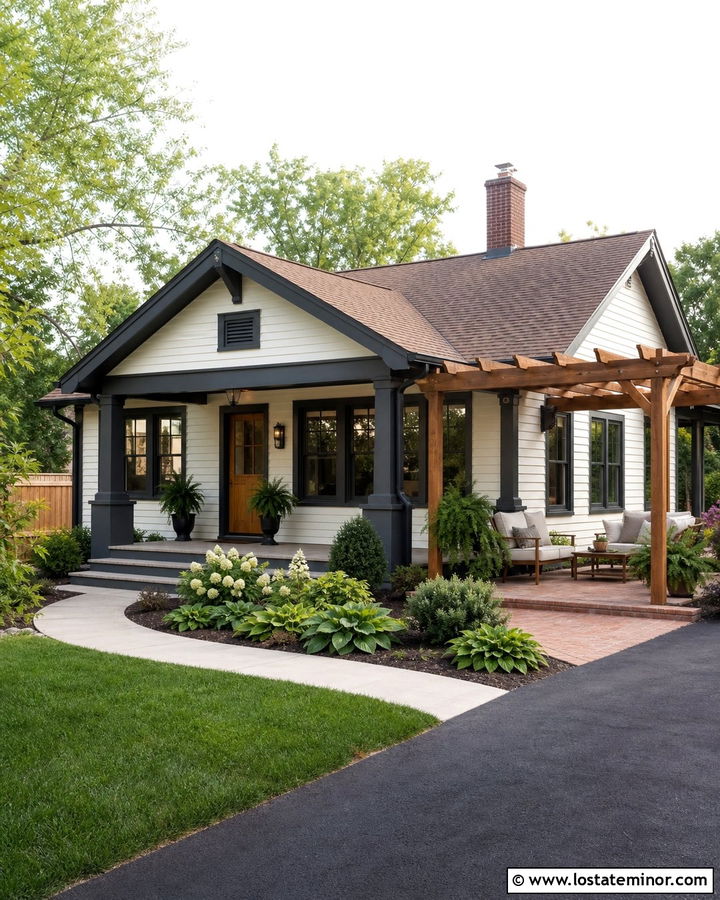 White Bungalow With Attached Wood Pergola - 30 White House Design With Pergola Ideas