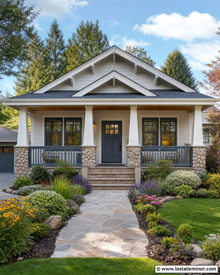 White Bungalow With Blue Gray Window Frames - 30 White House Design With Window Frames Ideas