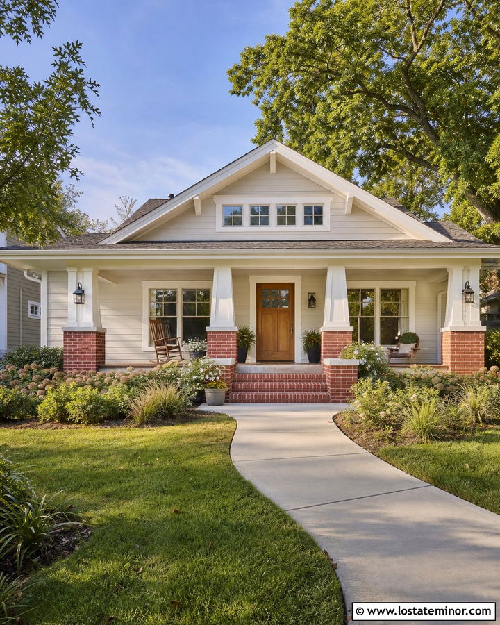 White Bungalow With Brick Porch Piers - 30 White House Design With Brick Accents Ideas