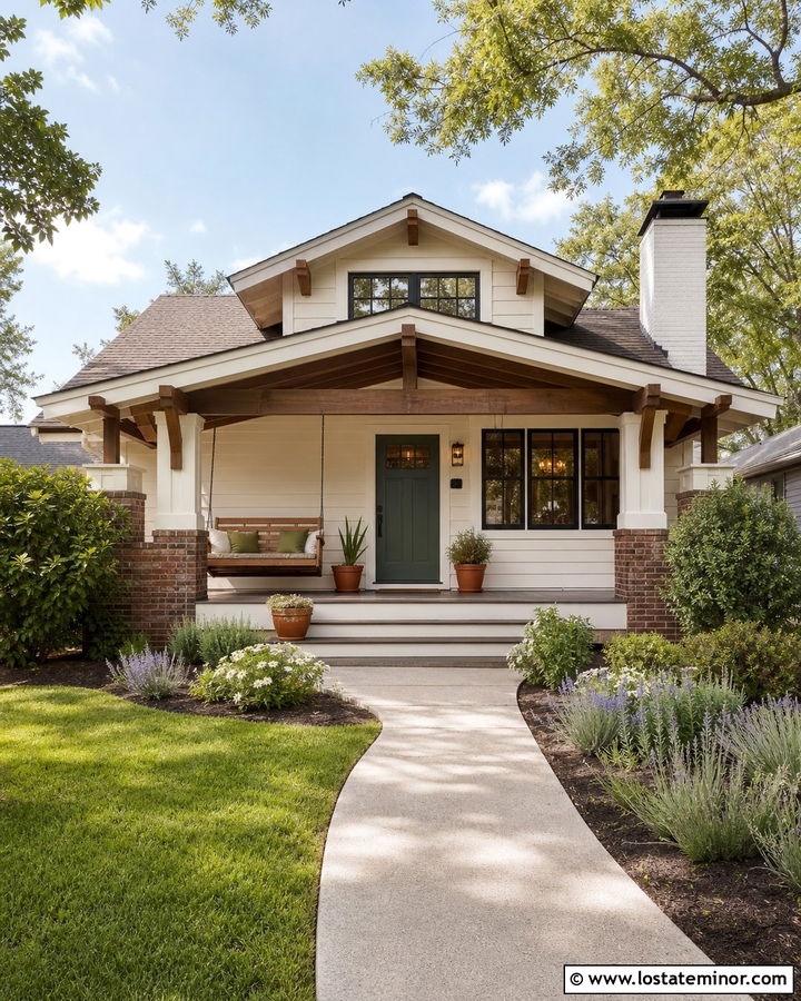 White Bungalow With Cedar Porch Swing - 30 White House Design With Swing Ideas