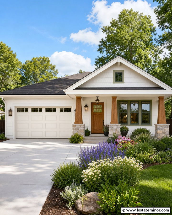 White Bungalow With Cream Garage Door - 30 White House Design With Garage Door Ideas