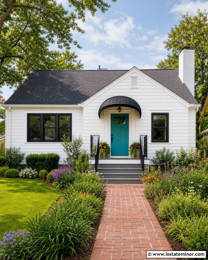 White Bungalow With Curved Door Awning - 30 White House Design With Awning Ideas