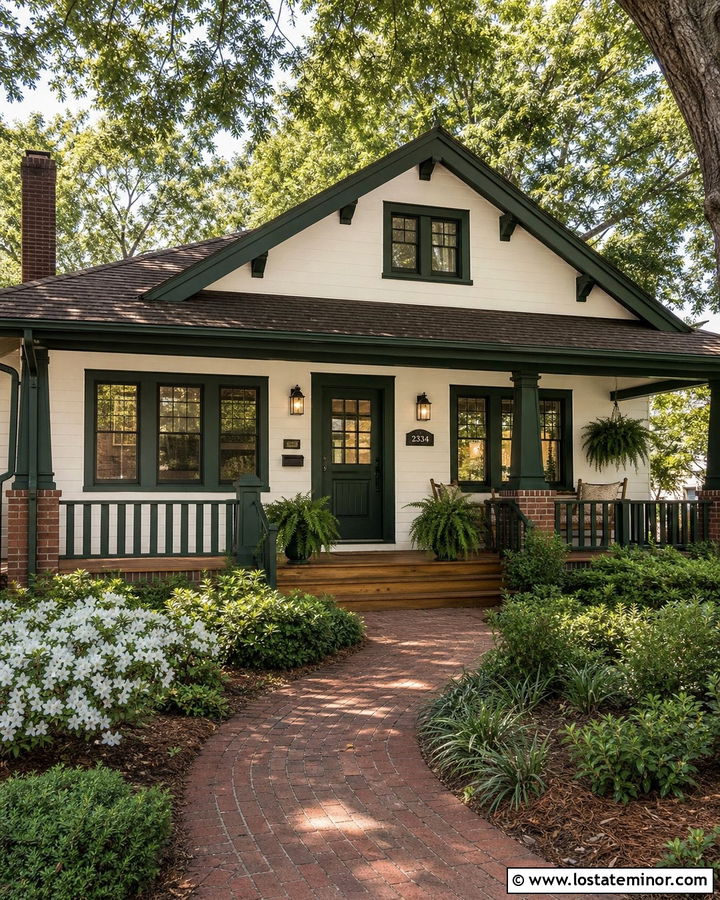 White Bungalow With Forest Green Trim - 30 White House Design With Trim Ideas