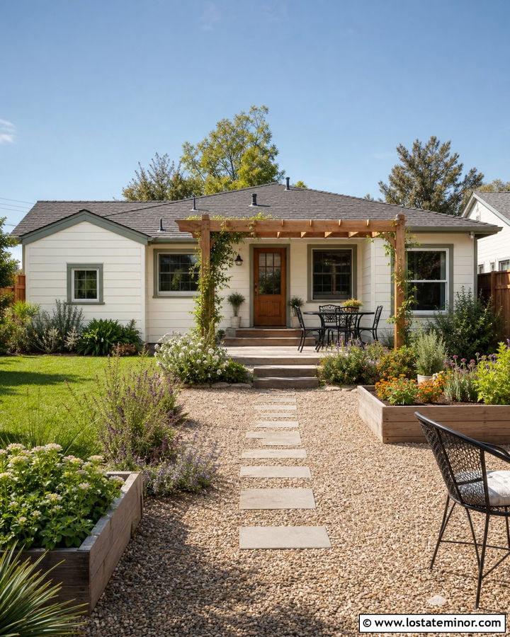 White Bungalow With Gravel Backyard Garden - 30 White House Design With Backyard Ideas