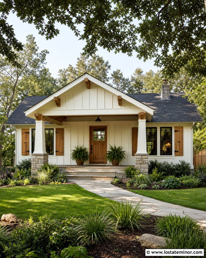White Bungalow With Natural Wood Shutters - 30 White House Design With Shutters Ideas