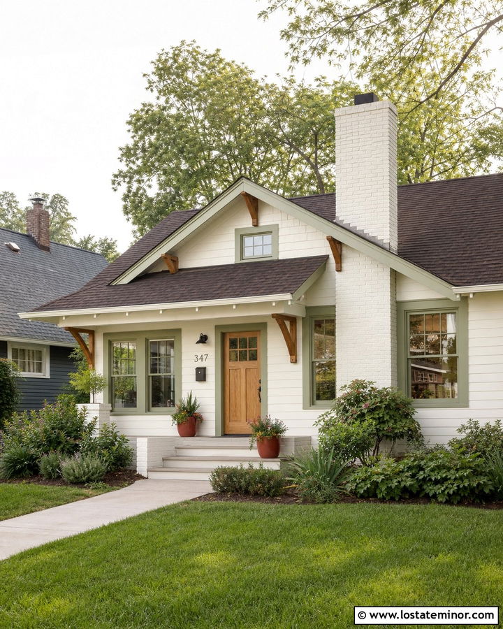 White Bungalow With Painted Brick Chimney - 30 White House Design With Chimney Ideas