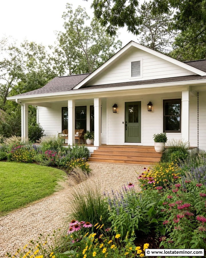 White Bungalow With Pollinator Landscaping - 30 White House Design With Landscaping Ideas