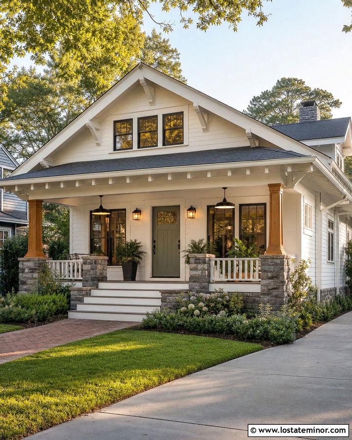 White Bungalow With Porch Pendant Lights - 30 White House Design With Lighting Ideas
