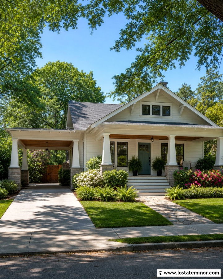 White Bungalow With Porte Cochere Carport - 30 White House Design With Carport Ideas