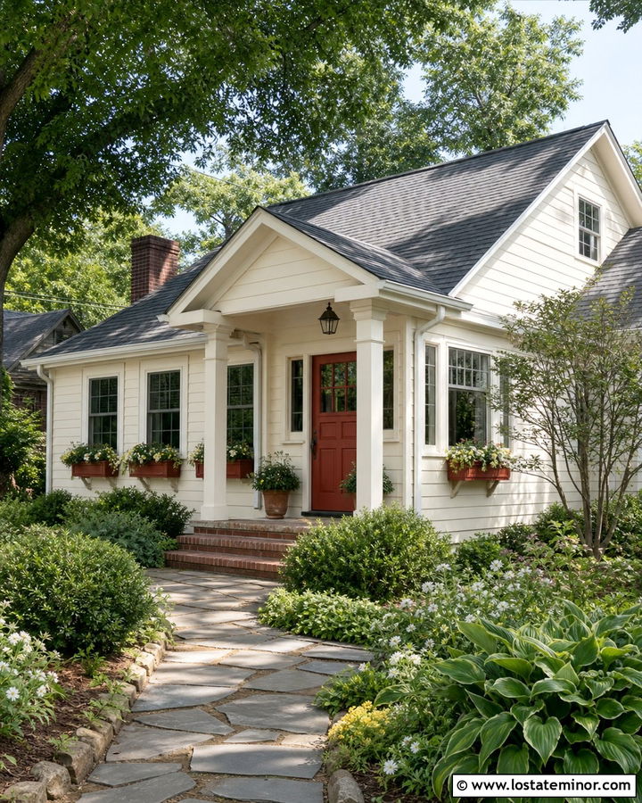 White Bungalow With Red Window Boxes - 30 White House Design With Window Boxes Ideas
