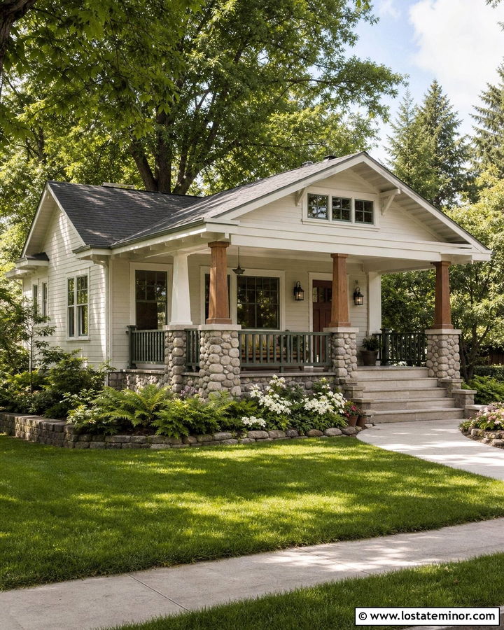 White Bungalow With River Rock Porch - 30 White House Design With Stone Accents Ideas