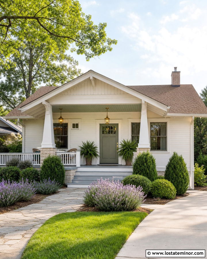 White Bungalow With Sage Green Porch Ceiling - 30 White House Design With Porch Ceiling Ideas