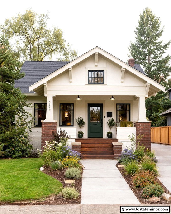 White Bungalow With Schoolhouse Porch Lights - 30 White House Design With Light Fixtures Ideas
