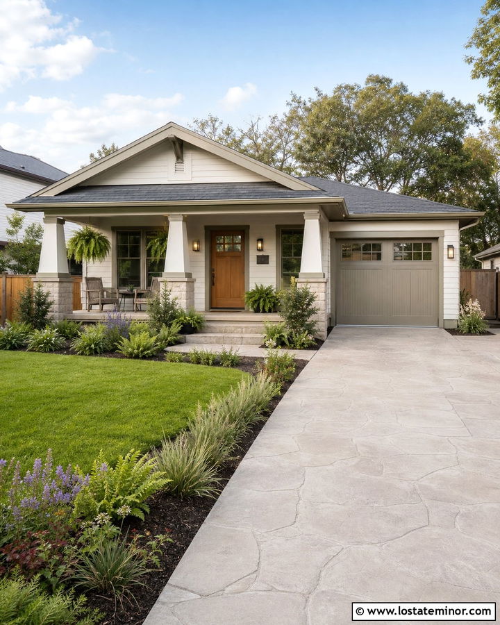 White Bungalow With Stamped Concrete Driveway - 30 White House Design With Driveway Ideas