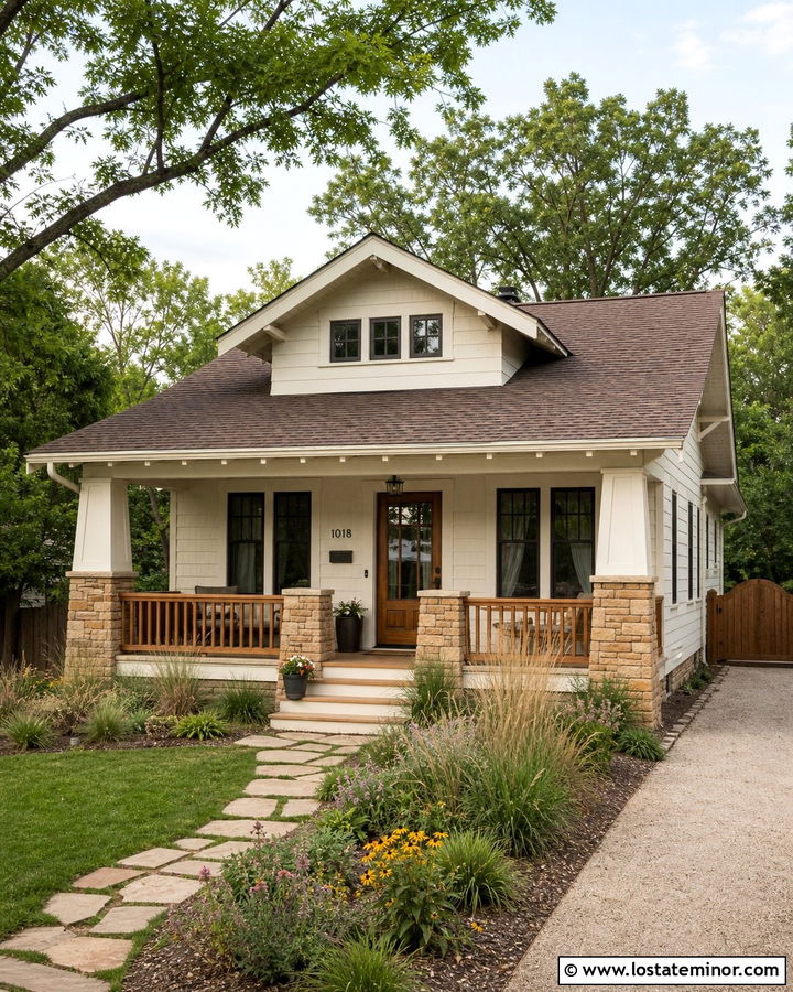 White Bungalow With Wood Look Storm Door - 30 White House Design With Storm Door Ideas