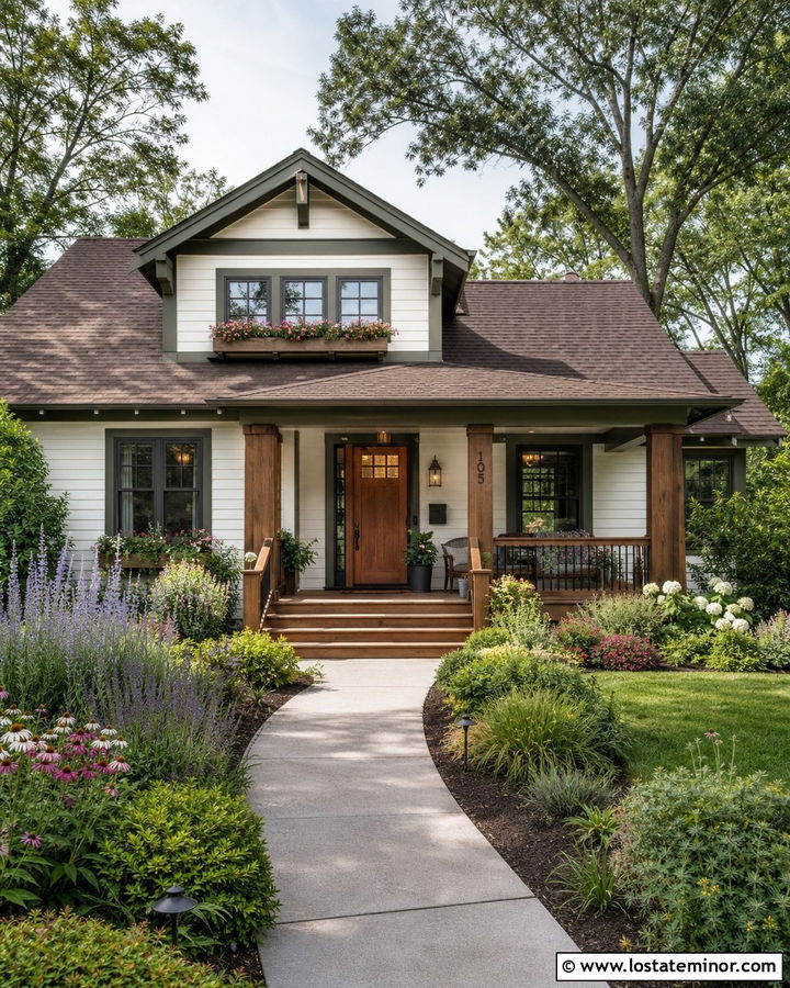 White Bungalow With Wood Steps - 30 White House Design With Steps Ideas